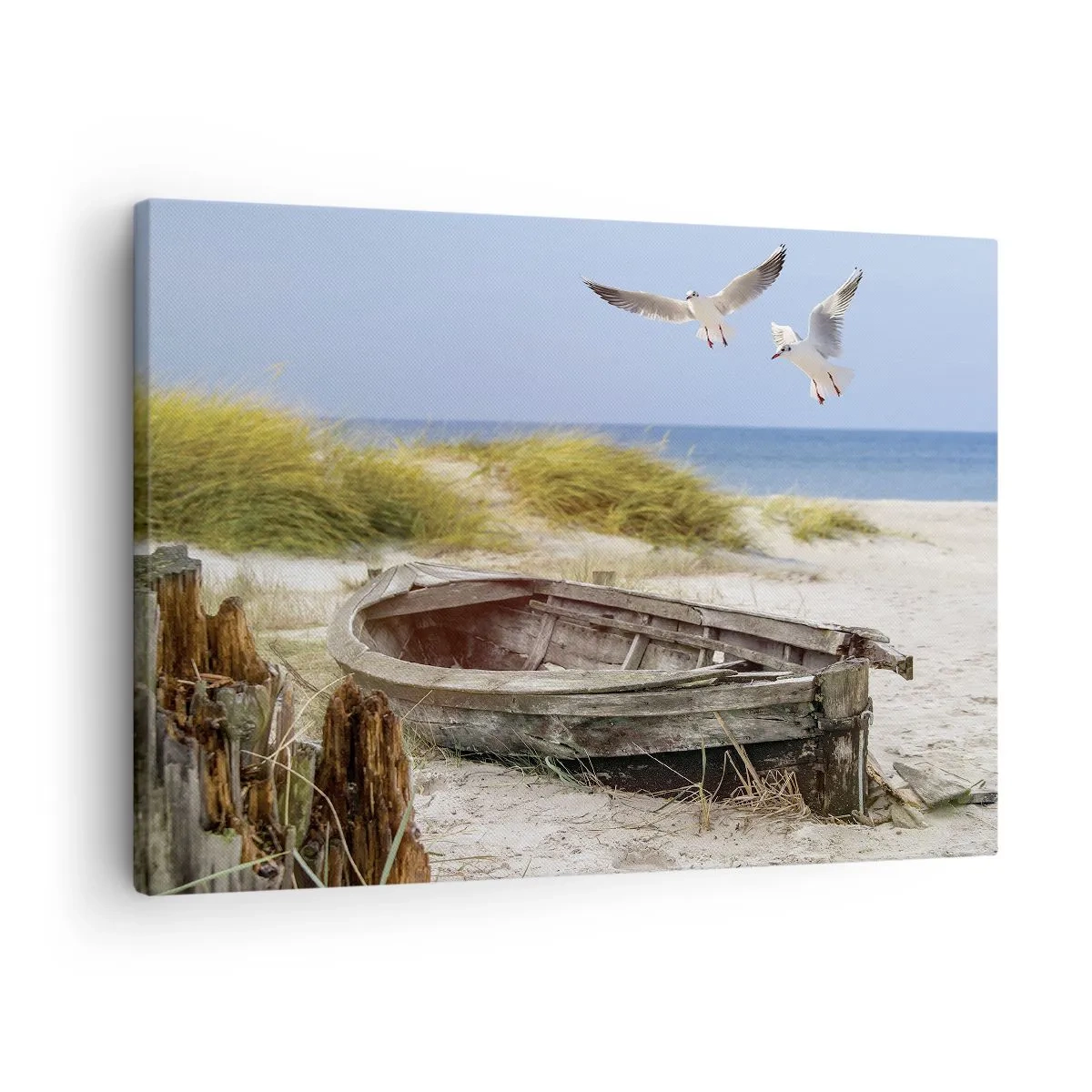 Canvastavla - Bild på duk - Övergiven båt på en strand med måsar - 70x50cm - Doppade i vinden - Modern väggdekoration för vardagsrum och sovrum ARTTOR