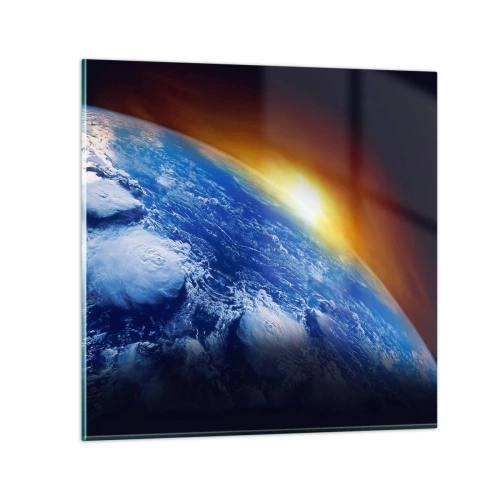 Glastavla - Bild på glas - Soluppgång över den blåa planeten - 70x70 cm