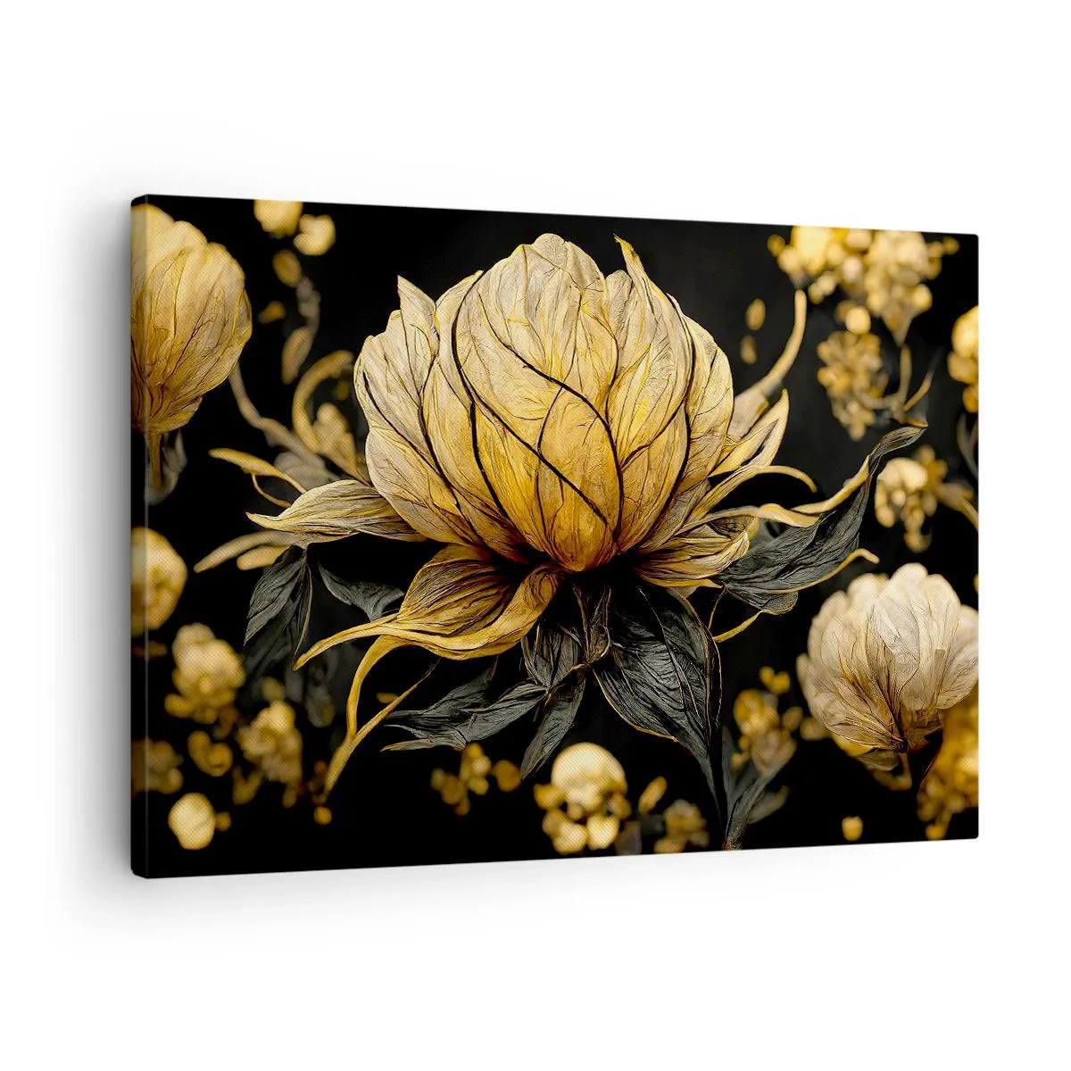 Canvastavla - Bild på duk - Gyllene blomma på en mörk bakgrund - 70x50cm - Subtil skörhet - Modern väggdekoration för vardagsrum och sovrum ARTTOR