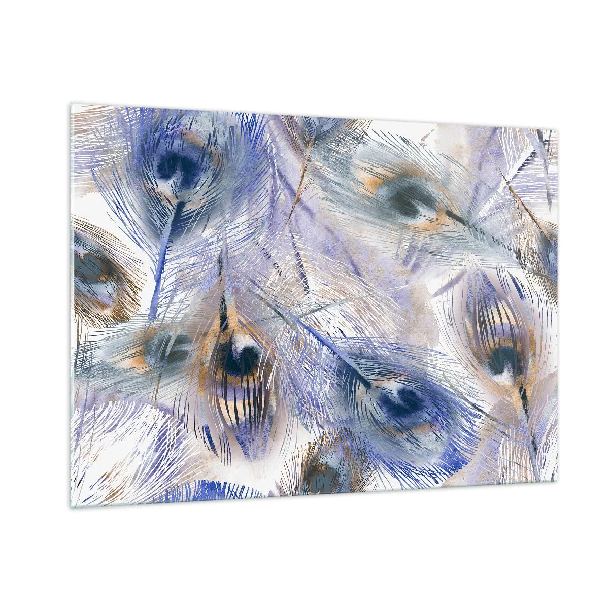 Glastavla - Bild på glas - Komposition med påfågelsfjädrar - 100x70 cm