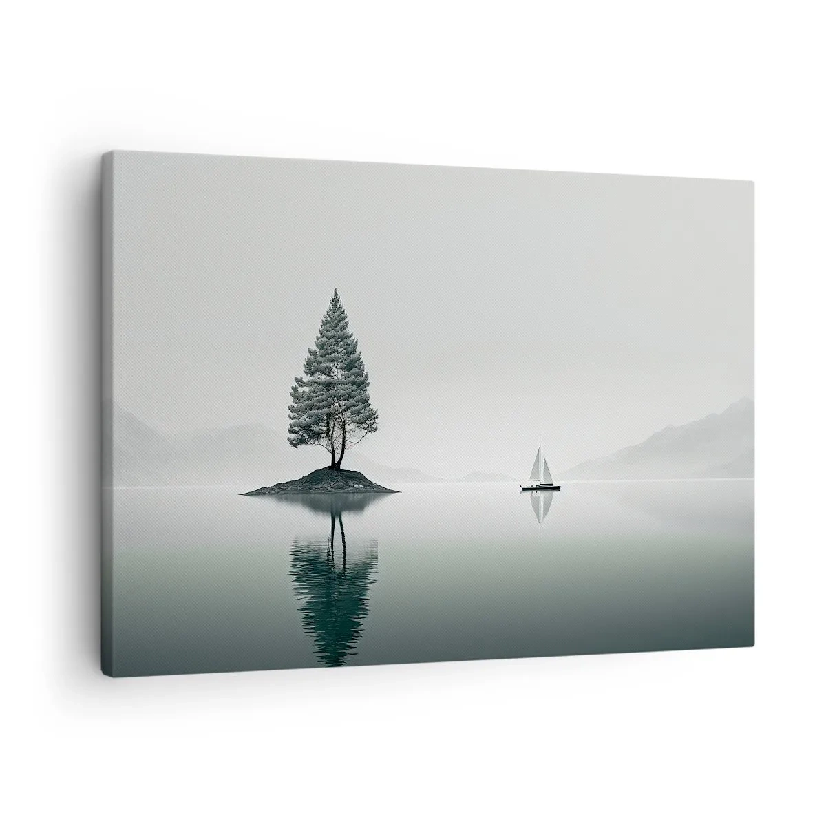 Canvastavla - Bild på duk - Ett minimalistiskt landskap med ett träd på en ö och en segelbåt. - 70x50cm - En dröm - Modern väggdekoration för vardagsrum och sovrum ARTTOR