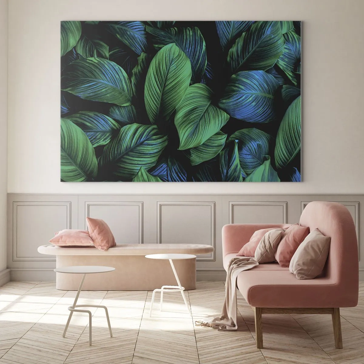 Glastavla - Bild på glas - Närbild av löv i intensiva gröna nyanser - 70x50cm - I gröna folkmassan - Modern väggdekoration för vardagsrum och sovrum ARTTOR