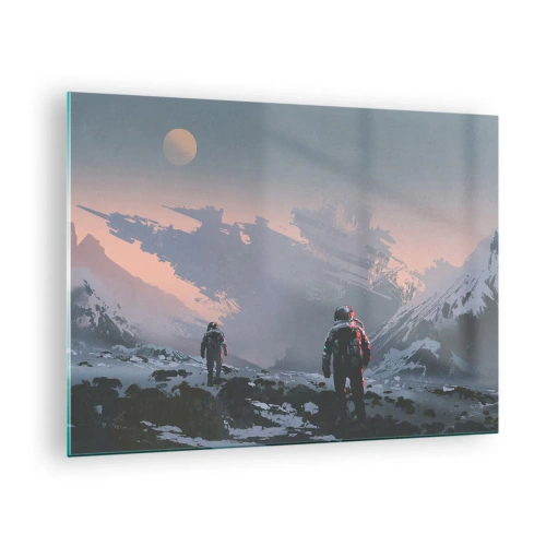 Glastavla - Bild på glas - Astronauter på en främmande planet med ett skeppsvrak i bakgrunden - 70x50cm - Under en okänd stjärna - Modern väggdekoration för vardagsrum och sovrum ARTTOR