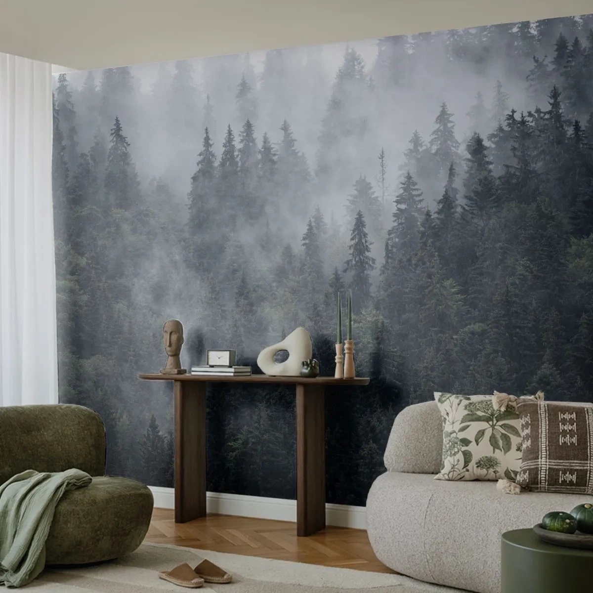 Självhäftande Fototapet Deluxe Sticker - Gryning i skogen - Landskap, Skog, Natur - 250x175 cm