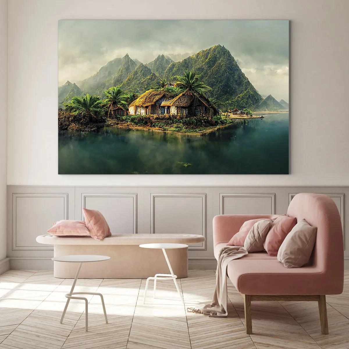 Glastavla - Bild på glas - En tropisk by vid vattnet omgiven av berg och palmer - 70x50cm - Tropiskt paradis - Modern väggdekoration för vardagsrum och sovrum ARTTOR