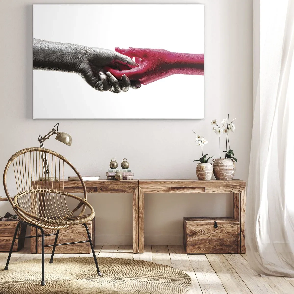Canvastavla - Bild på duk - Symboliska händer i silver och rött - 70x50cm - Tillsammans, dock annorlunda - Modern väggdekoration för vardagsrum och sovrum ARTTOR