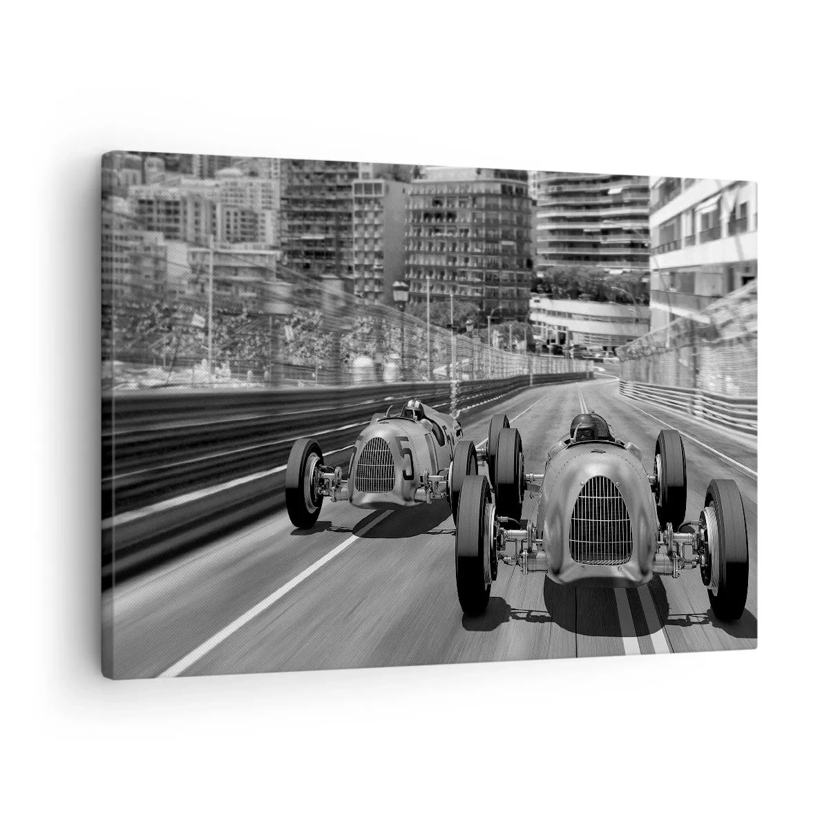 Canvastavla - Bild på duk - Monokrom retro bilrace scen - 70x50cm - För länge sedan i Monte Carlo - Modern väggdekoration för vardagsrum och sovrum ARTTOR