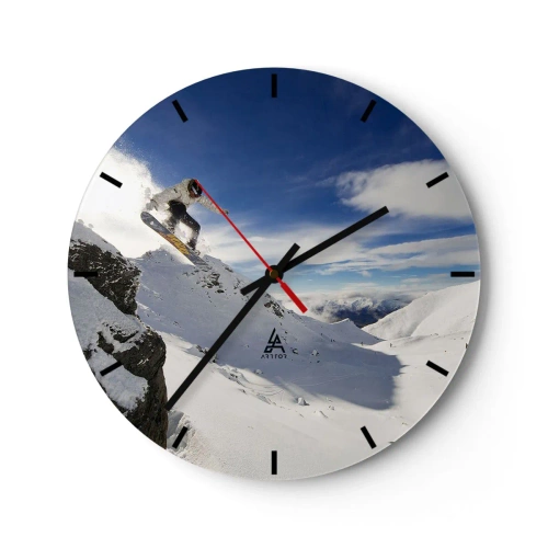 Väggklocka - Klocka på glas - Snowboardåkare i aktion med berg i bakgrunden - 30x30cm - Frihet utan gränserna - Modern väggdekoration för vardagsrum, kök och sovrum ARTTOR