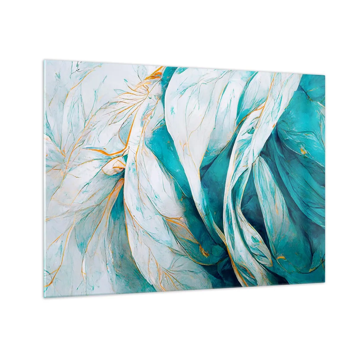 Glastavla - Bild på glas - Organisk abstraktion i blå och guldfärgade linjer - 70x50cm - Blå abstraktion med guldmotiv - Modern väggdekoration för vardagsrum och sovrum ARTTOR