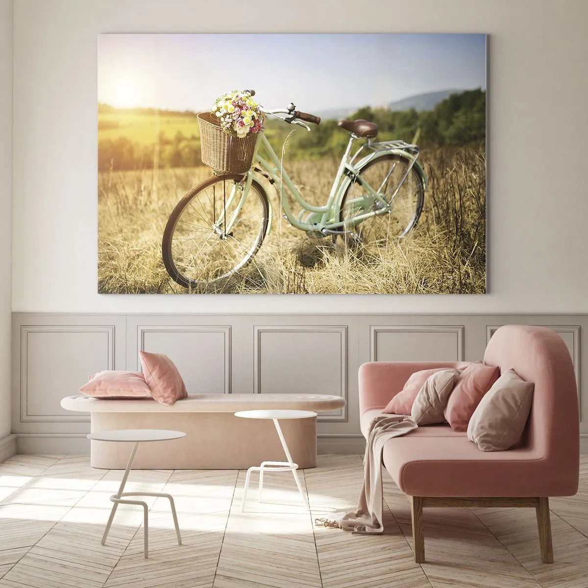 Glastavla - Bild på glas - Retro cykel med blommor mot en naturlig bakgrund - 70x50cm - Jag stannar här en stund - Modern väggdekoration för vardagsrum och sovrum ARTTOR
