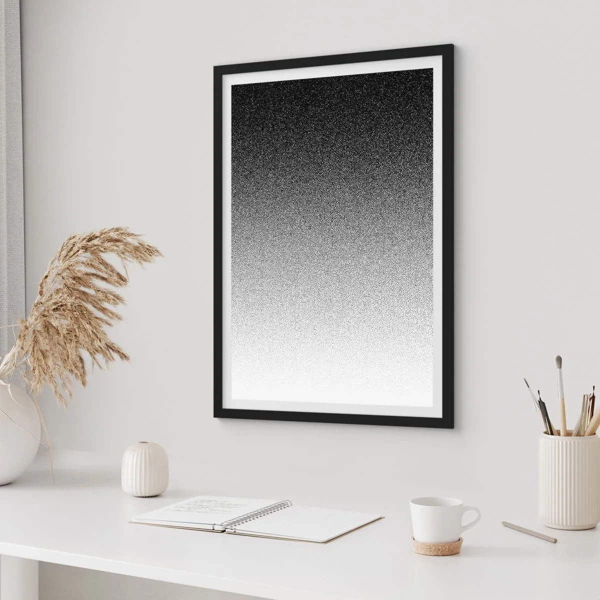Affisch i svart ram - Minimalistisk svartvit toning i ett prickigt mönster - 50x70cm - Mot ljuset - Modern väggdekoration för vardagsrum och sovrum ARTTOR