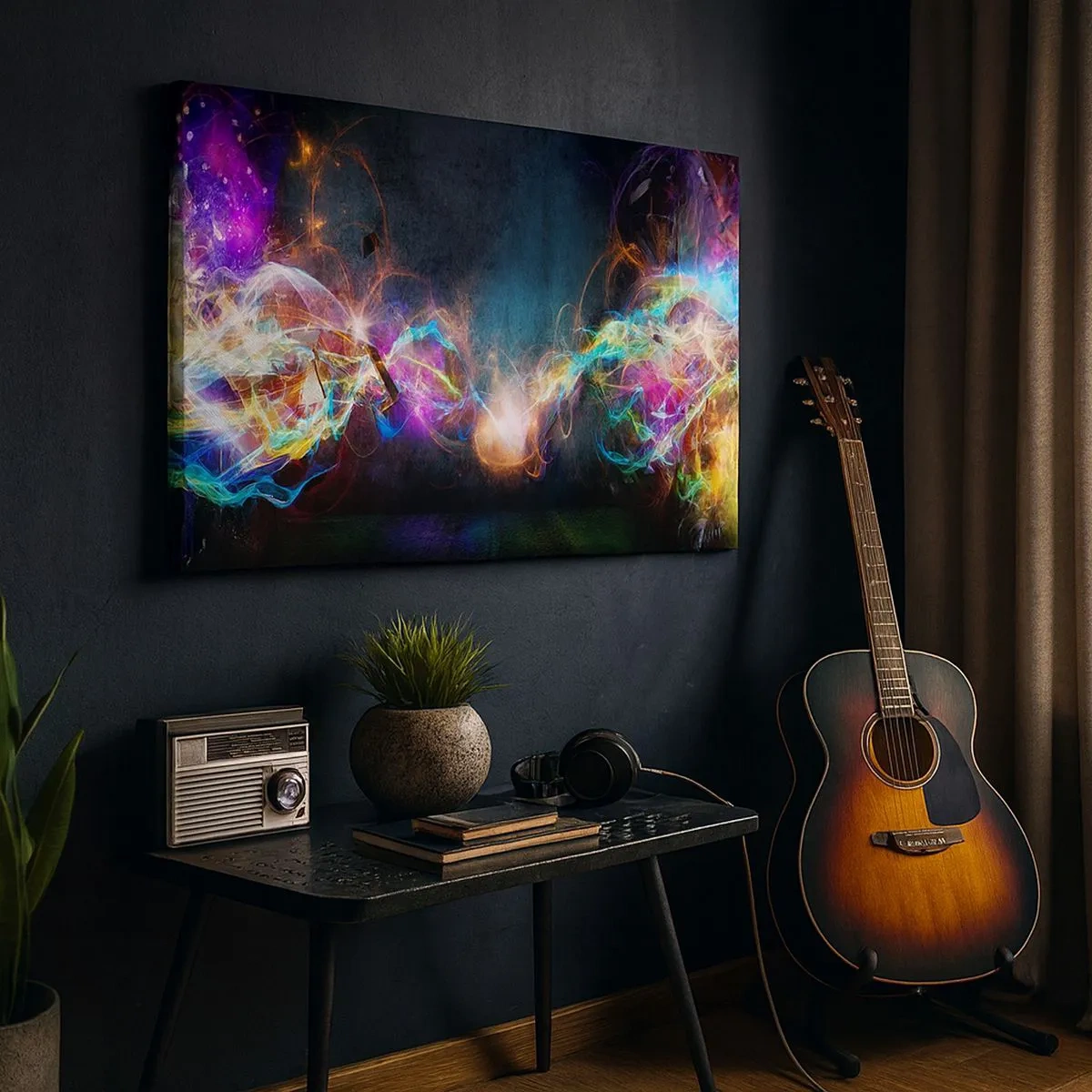 Canvastavla - Bild på duk - Färgglada ljusblixtar i en abstrakt komposition - 70x50cm - Glatt mot mörkret - Modern väggdekoration för vardagsrum och sovrum ARTTOR