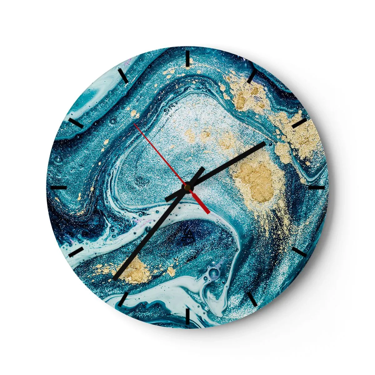 Väggklocka - Klocka på glas - En abstrakt virvel i nyanser av blått och guld med marmoreffekt. - 30x30cm - Blå virvel - Modern väggdekoration för vardagsrum, kök och sovrum ARTTOR