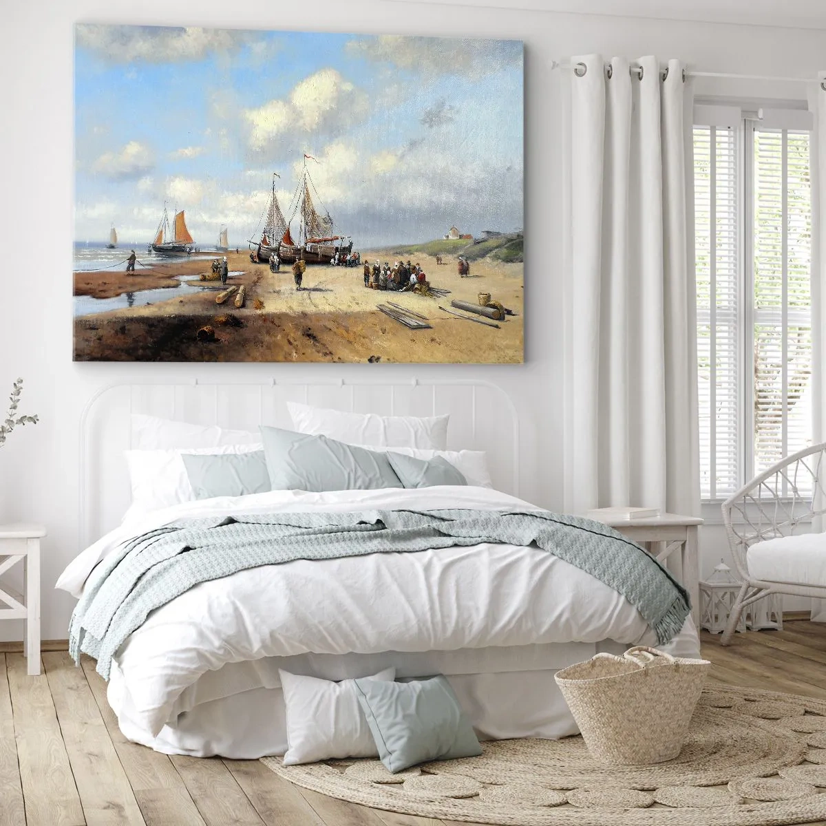Canvastavla - Bild på duk - Fiskebåtar på stranden med mänskliga figurer - 70x50cm - Efter en lyckad fångst - Modern väggdekoration för vardagsrum och sovrum ARTTOR