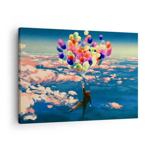 Canvastavla - Bild på duk - En figur som svävar ovanför molnen med färgglada ballonger - 70x50cm - Uppfylld barndomsdröm - Modern väggdekoration för vardagsrum och sovrum ARTTOR