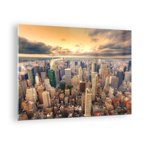Glastavla - Bild på glas - Stadspanorama med skyskrapor vid solnedgången - 70x50cm - Förgylld metropolis - Modern väggdekoration för vardagsrum och sovrum ARTTOR