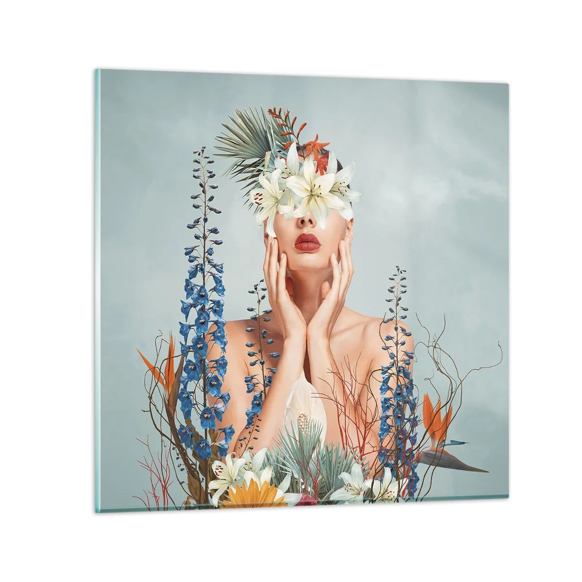 Glastavla - Bild på glas - Kvinna - blomma - 30x30 cm