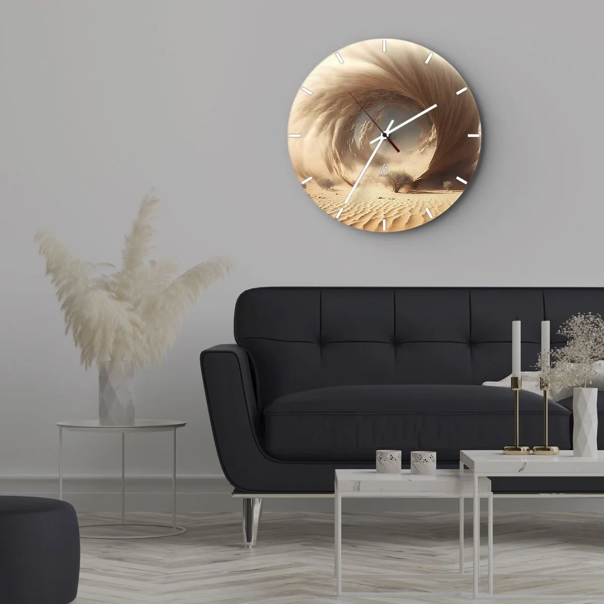 Väggklocka - Klocka på glas - Ett ökenlandskap med en virvlande portalliknande struktur - 30x30cm - Öppen portal - Modern väggdekoration för vardagsrum, kök och sovrum ARTTOR
