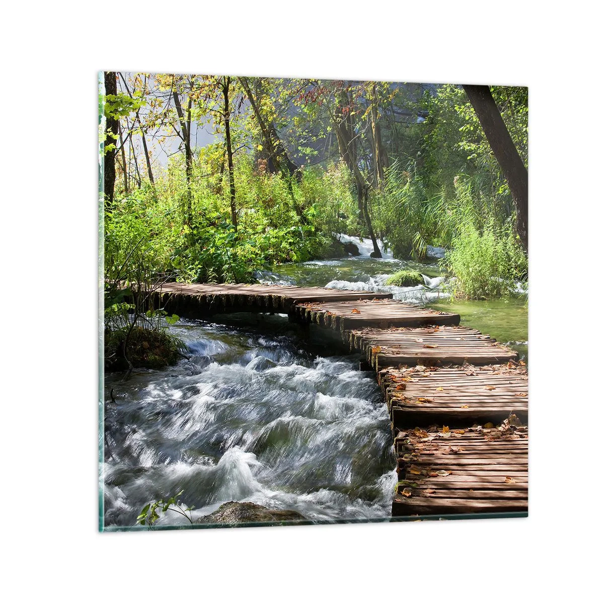 Glastavla - Bild på glas - Över skummande kaskad - 50x50 cm