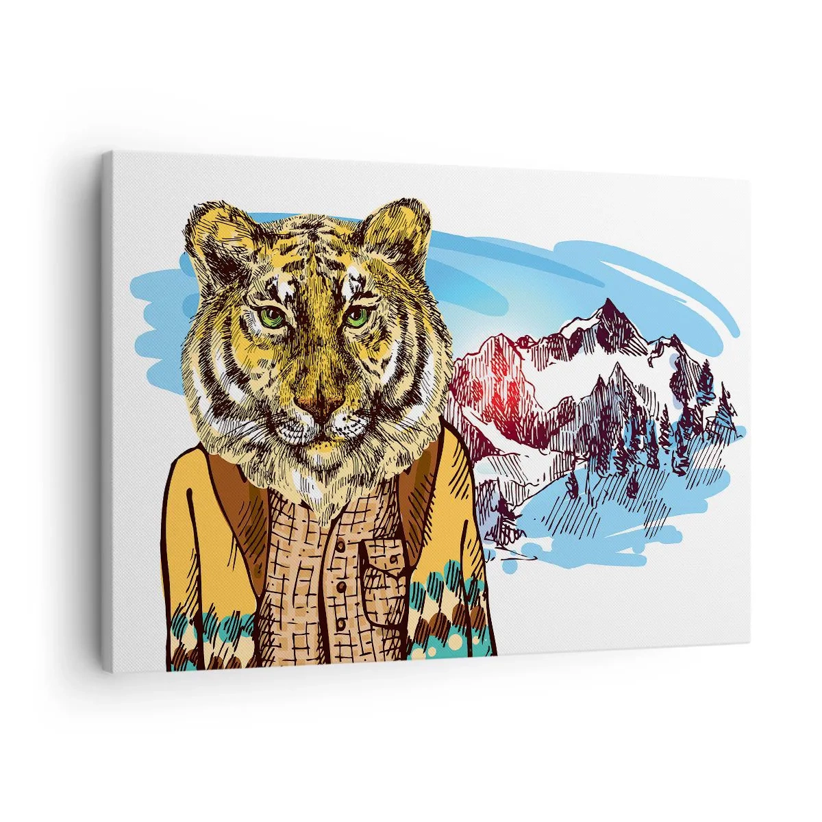 Canvastavla - Bild på duk - En tiger i en kappa mot ett bergslandskap - 70x50cm - Inte lika vild som den tecknas - Modern väggdekoration för vardagsrum och sovrum ARTTOR