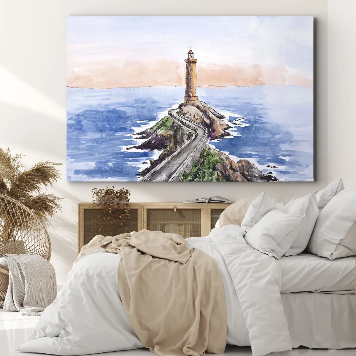 Canvastavla - Bild på duk - En fyr på en klippig strand - 70x50cm - Vänd mot havet - Modern väggdekoration för vardagsrum och sovrum ARTTOR