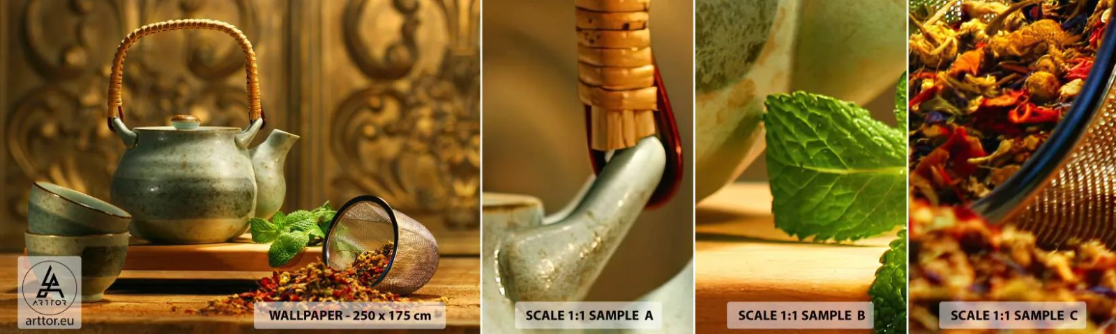 Fototapet Prov Standard Eco - Avhandling om tedrickande - Gastronomi, Te, Torkade örter - 100x30 cm