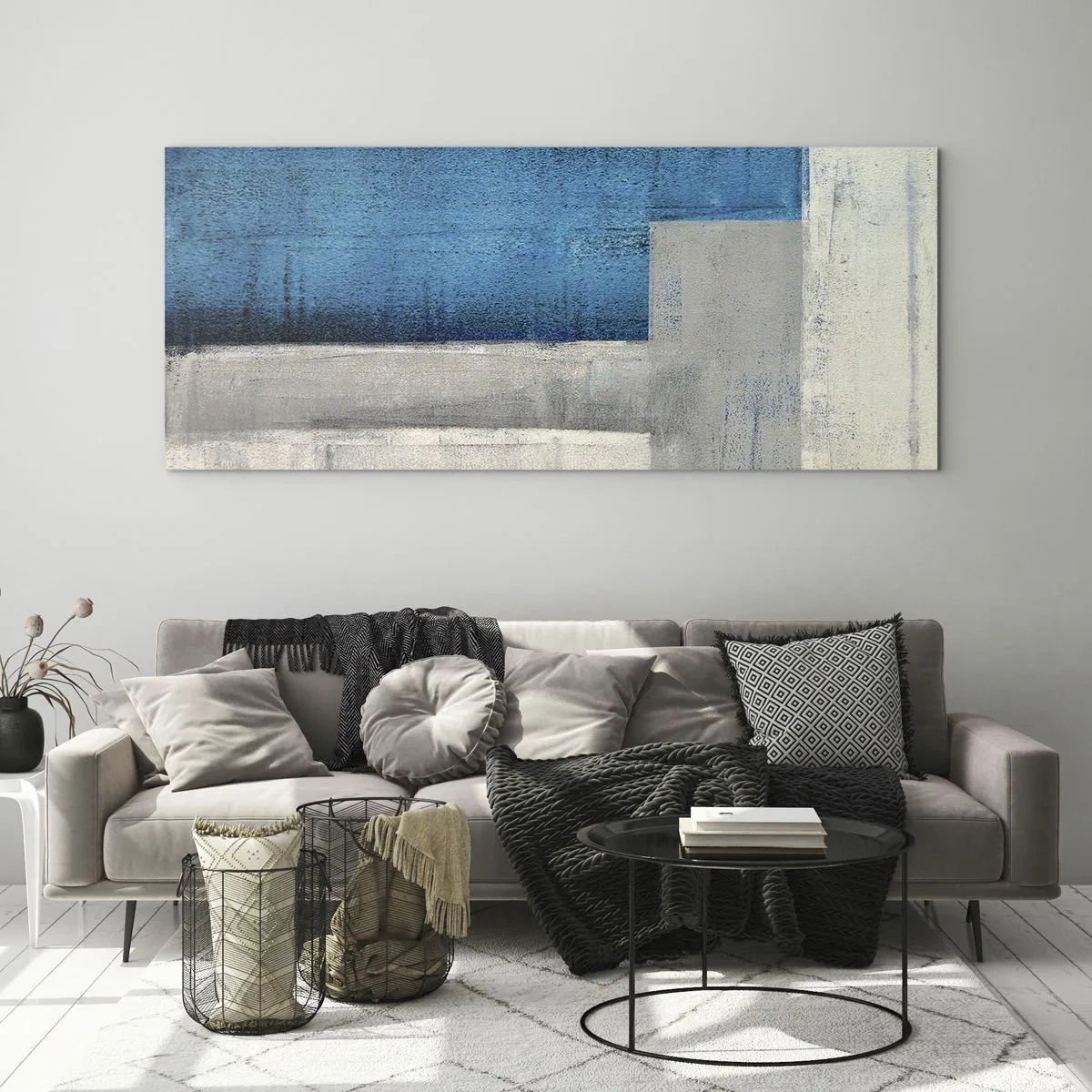 Glastavla - Bild på glas - Poetisk komposition av grått och blått - 100x40 cm
