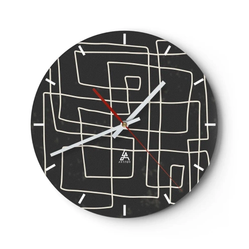 Väggklocka - Klocka på glas - Vita geometriska linjer som bildar ett intrikat rutnät mot en svart bakgrund. - 30x30cm - Inte så enkelt - Modern väggdekoration för vardagsrum, kök och sovrum ARTTOR