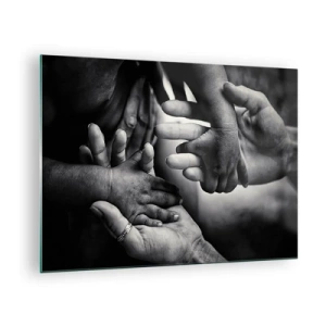Glastavla - Bild på glas - Symboliskt svartvitt handslag av olika generationer - 70x50cm - Att vara människa - Modern väggdekoration för vardagsrum och sovrum ARTTOR