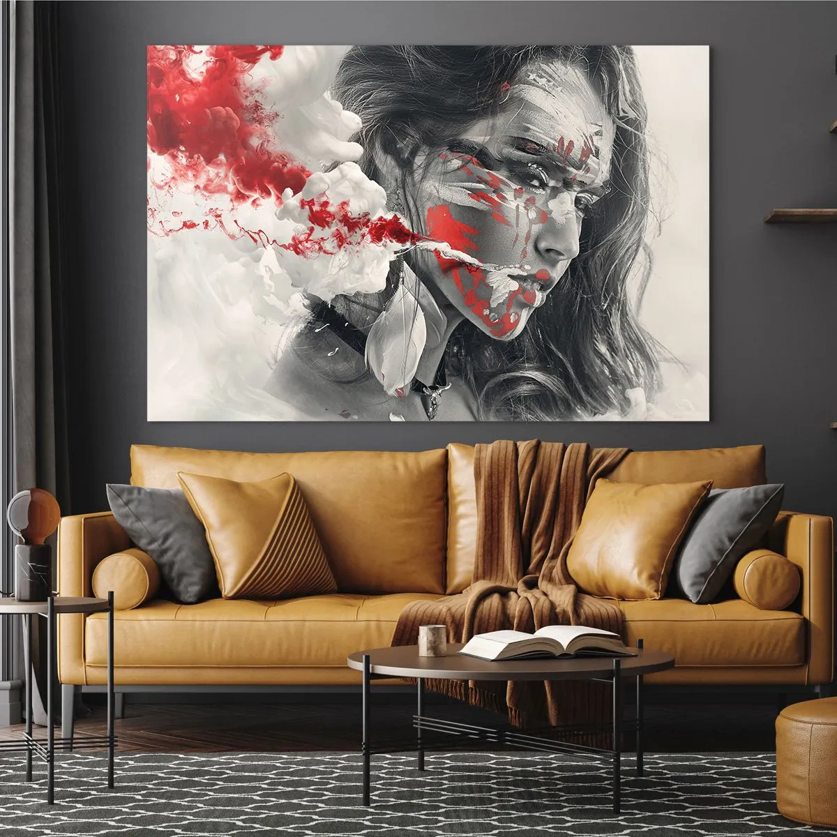 Glastavla - Bild på glas - Porträtt av en kvinna med abstrakta röda och vita mönster - 70x50cm - Röd-vit absurdhet - Modern väggdekoration för vardagsrum och sovrum ARTTOR