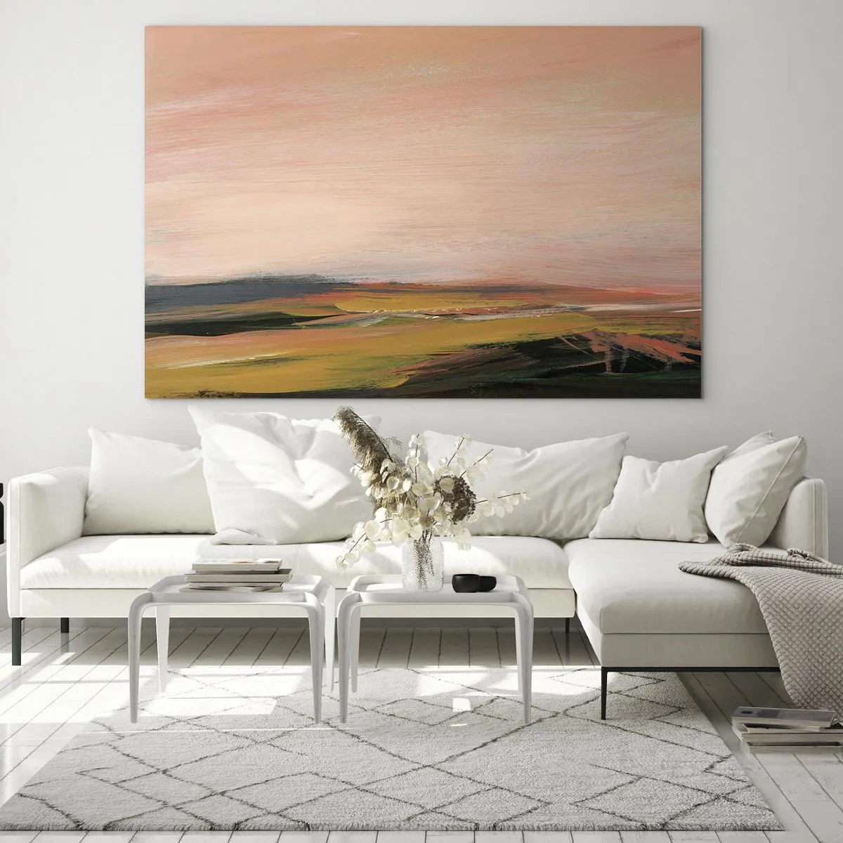 Glastavla - Bild på glas - Ett abstrakt landskap i nyanser av rosa och bengrönt. - 70x50cm - I rosa - Modern väggdekoration för vardagsrum och sovrum ARTTOR