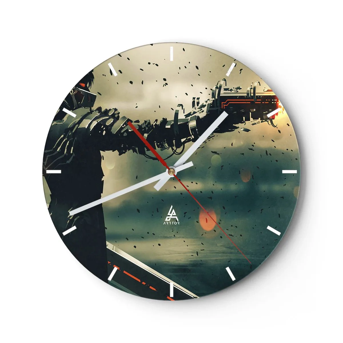 Väggklocka - Klocka på glas - En futuristisk karaktär med ett cybernetiskt vapen i en dynamisk miljö. - 30x30cm - Dödlig vapen - din egen Terminator - Modern väggdekoration för vardagsrum, kök och sovrum ARTTOR