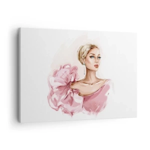 Canvastavla - Bild på duk - Porträtt av en kvinna i en rosa klänning mot en ljus bakgrund - 70x50cm - Som målad... - Modern väggdekoration för vardagsrum och sovrum ARTTOR