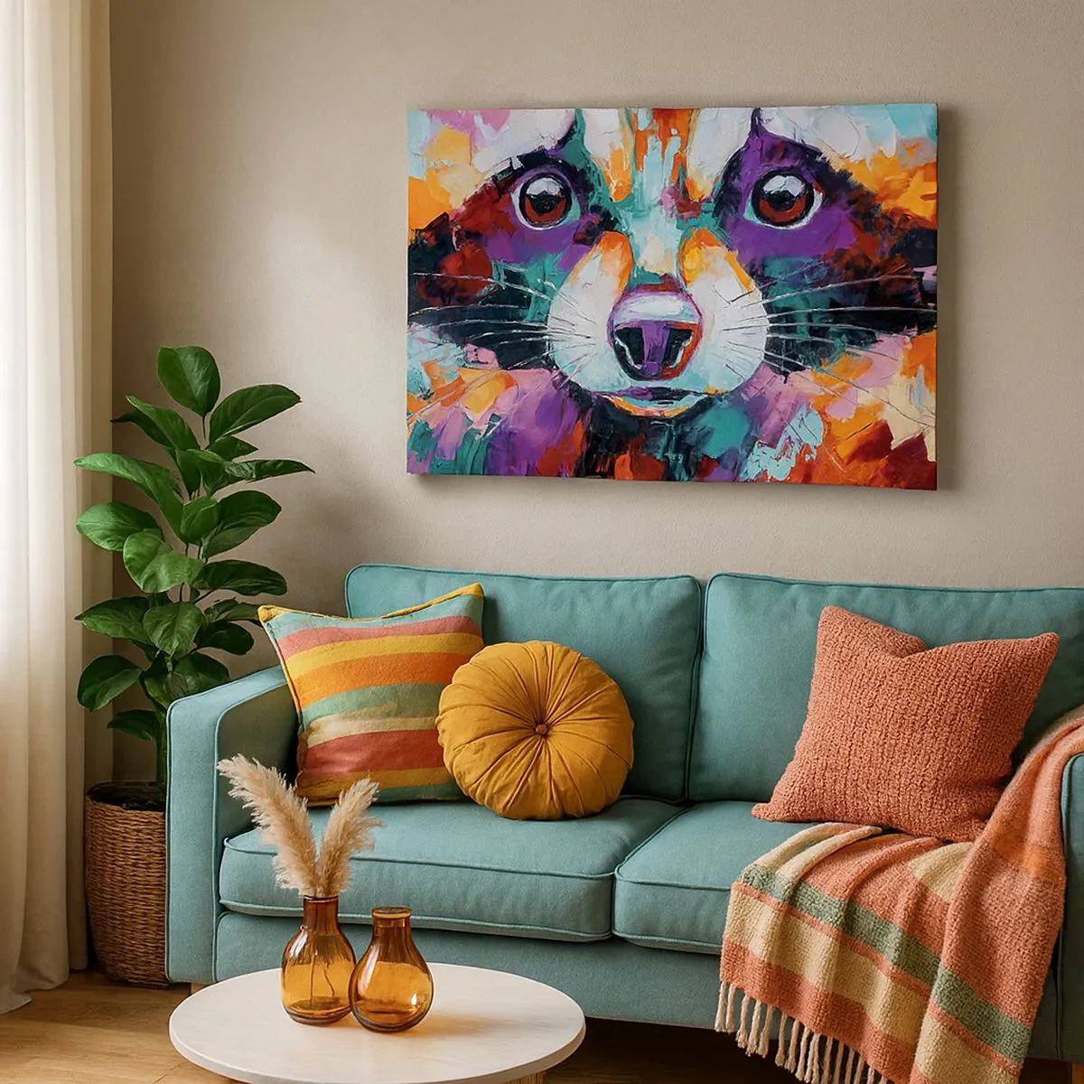 Canvastavla - Bild på duk - Ett färgstarkt porträtt av en tvättbjörn i stil med expressiv målning. - 70x50cm - Enbart goda emotioner - Modern väggdekoration för vardagsrum och sovrum ARTTOR