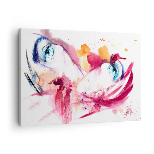 Canvastavla - Bild på duk - Ett abstrakt ansikte med uttrycksfulla ögon och röda accenter. - 70x50cm - Världen blommar i närheten - Modern väggdekoration för vardagsrum och sovrum ARTTOR