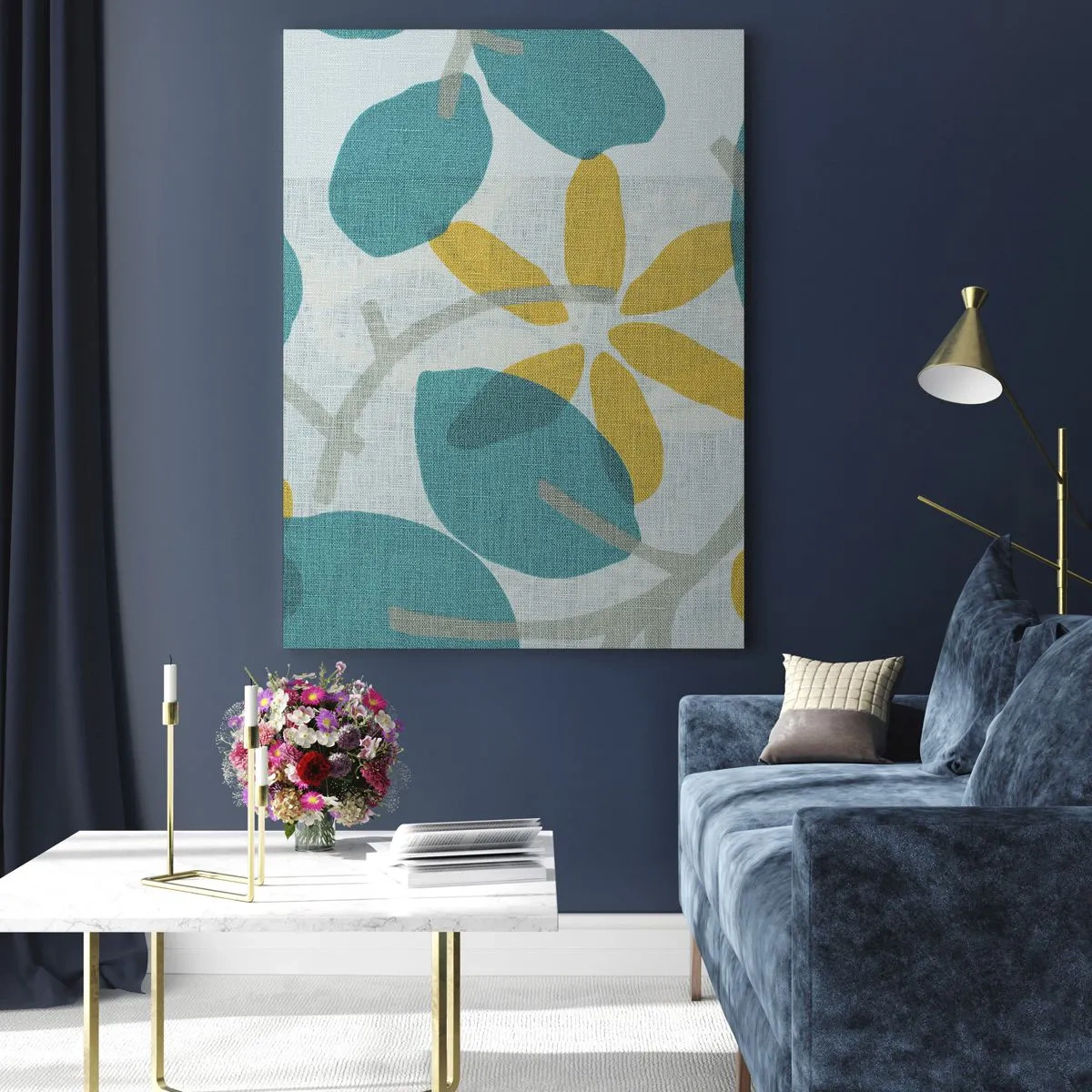 Glastavla - Bild på glas - Bland azurblå blad - 50x70 cm