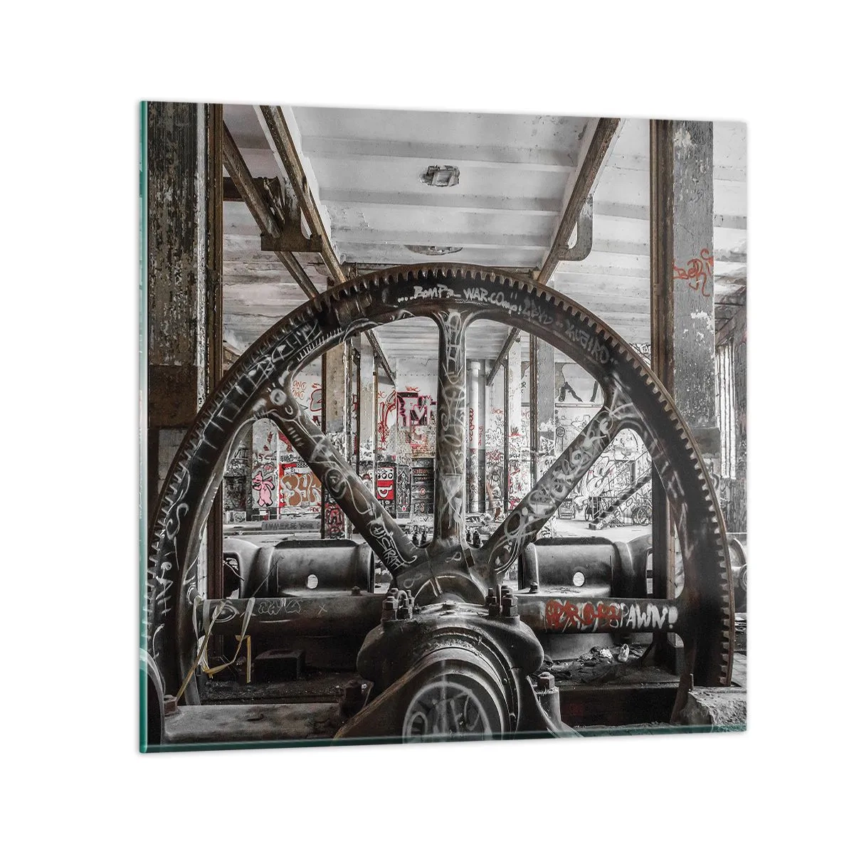 Glastavla - Bild på glas - Fabrikens hemliga liv - 40x40 cm