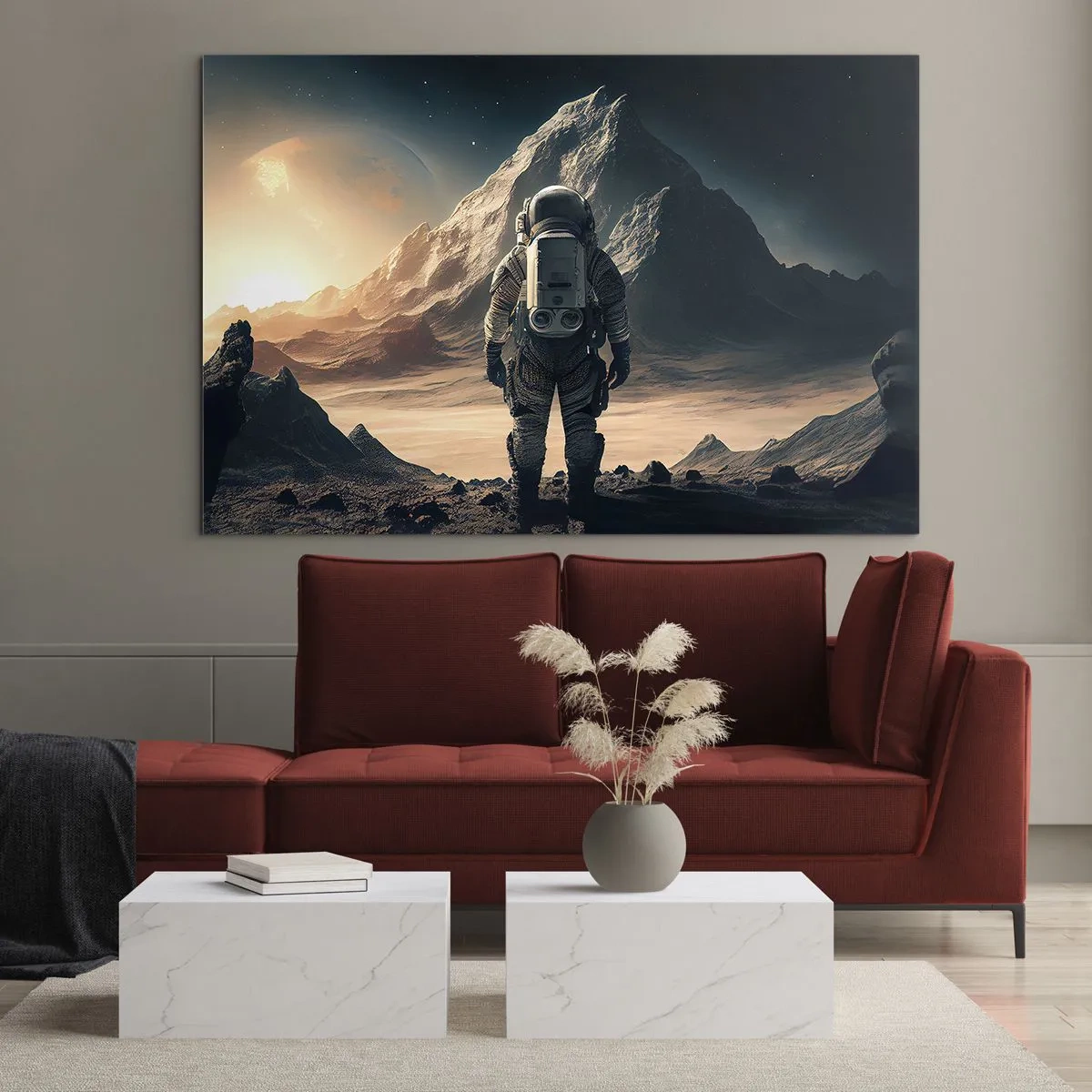 Glastavla - Bild på glas - Astronaut på en främmande planet med ett bergigt landskap - 70x50cm - En ny utmaning - Modern väggdekoration för vardagsrum och sovrum ARTTOR