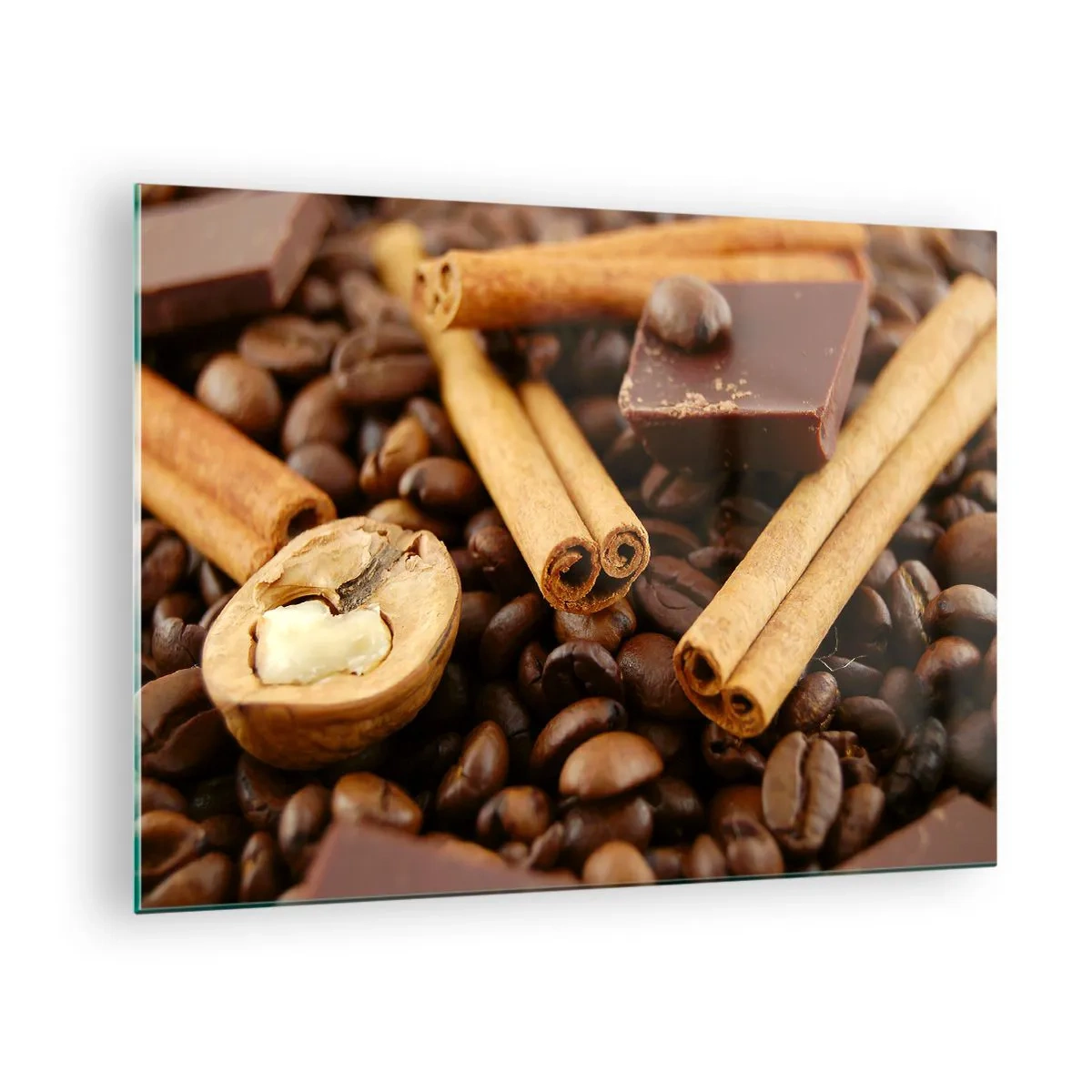 Glastavla - Bild på glas - Närbild på kaffe, kanel, choklad och valnötter - 70x50cm - Aromkonsert - Modern väggdekoration för vardagsrum och sovrum ARTTOR