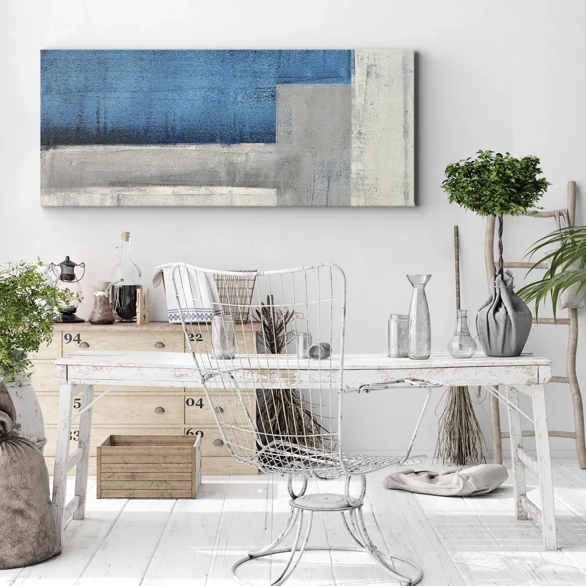 Canvastavla - Bild på duk - Poetisk komposition av grått och blått - 100x40 cm
