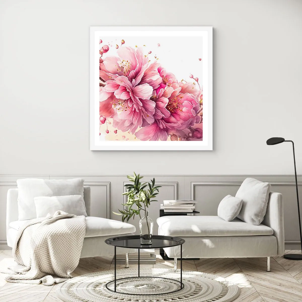Affisch i vit ram - Blommande körsbärsblomma - 60x60 cm