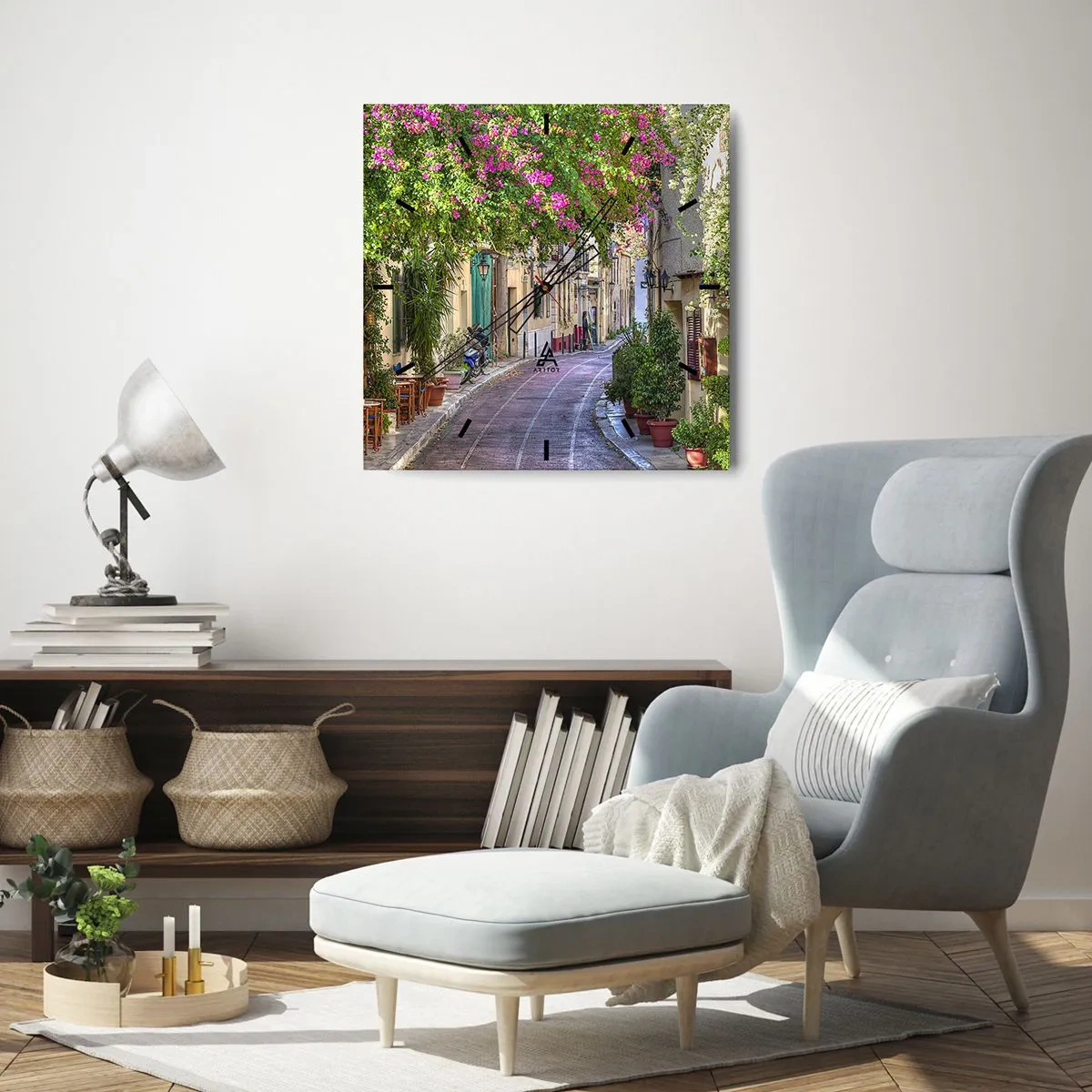 Väggklocka - Klocka på glas - Blommande gata - 40x40 cm