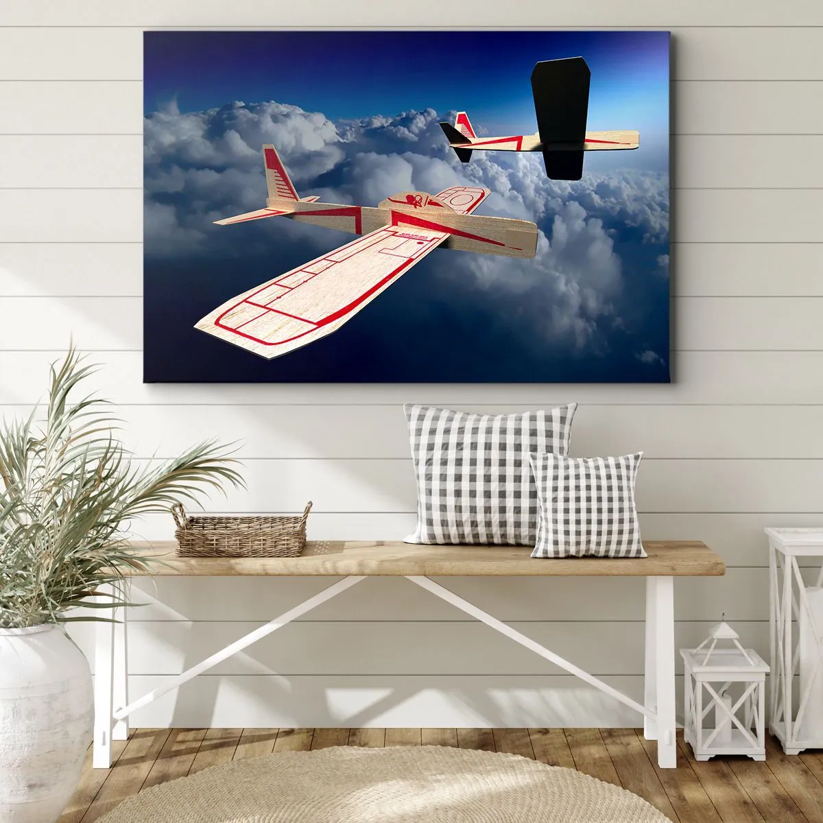 Canvastavla - Bild på duk - Två träflygplan som svävar över molnen mot en blå himmel. - 70x50cm - Ännu högre, ännu längre - Modern väggdekoration för vardagsrum och sovrum ARTTOR