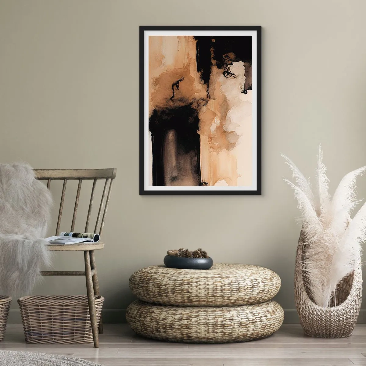 Affisch i svart ram - En abstrakt komposition i varma bruna nyanser. - 50x70cm - Intrigerande abstraktion - Modern väggdekoration för vardagsrum och sovrum ARTTOR