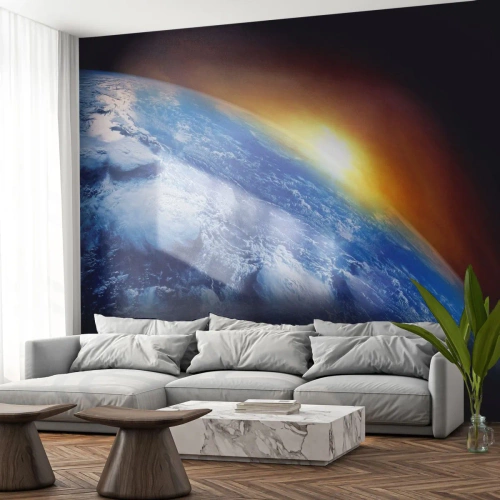 Fototapet Premium Sand - Soluppgång över den blåa planeten - Abstraktion, 3D, Kosmos - 250x175 cm