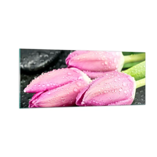 Glastavla - Bild på glas - Tre i lila färg på en sten - 100x40 cm