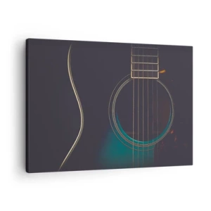 Canvastavla - Bild på duk - Akustisk gitarr i mörkt, elegant ljus - 70x50cm - Ett ögonblick innan det ljuder - Modern väggdekoration för vardagsrum och sovrum ARTTOR