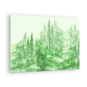 Glastavla - Bild på glas - Grön skog i akvarellstil - 70x50cm - Suddig i grön dimma - Modern väggdekoration för vardagsrum och sovrum ARTTOR