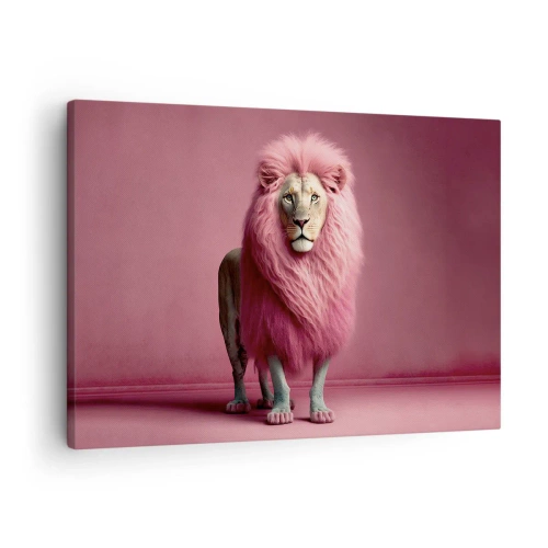 Canvastavla - Bild på duk - Ett konstnärligt återgivet lejon med rosa man på rosa bakgrund - 70x50cm - Och du är inte längre rädd - Modern väggdekoration för vardagsrum och sovrum ARTTOR