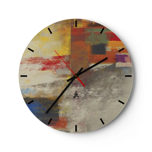 Väggklocka - Klocka på glas - Färgglad abstraktion med geometriska element - 30x30cm - Färgernas geometri - Modern väggdekoration för vardagsrum, kök och sovrum ARTTOR